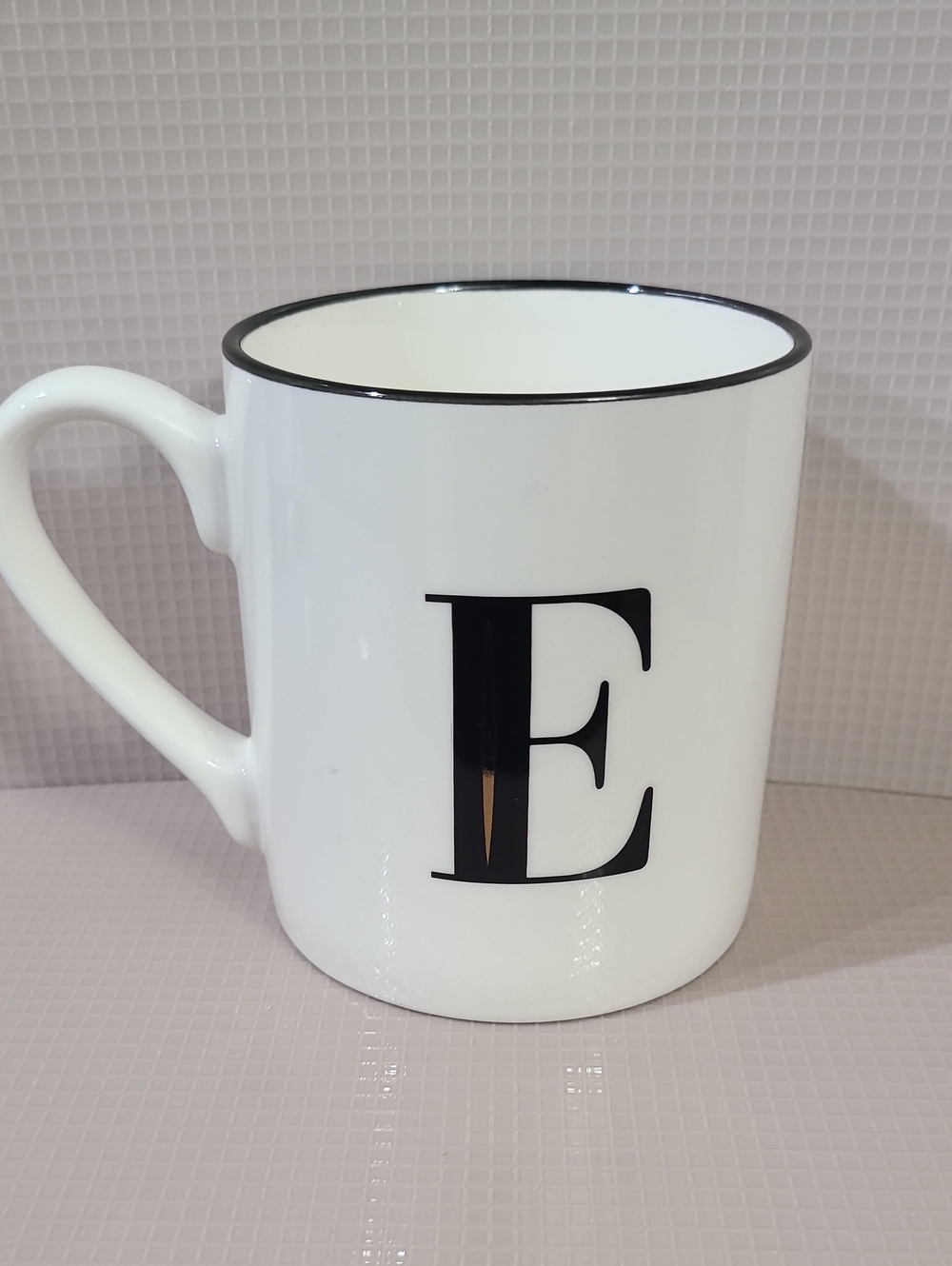 Threshold White Ceramic Mug with Black Monogram E Initial Letter E and Black Rim